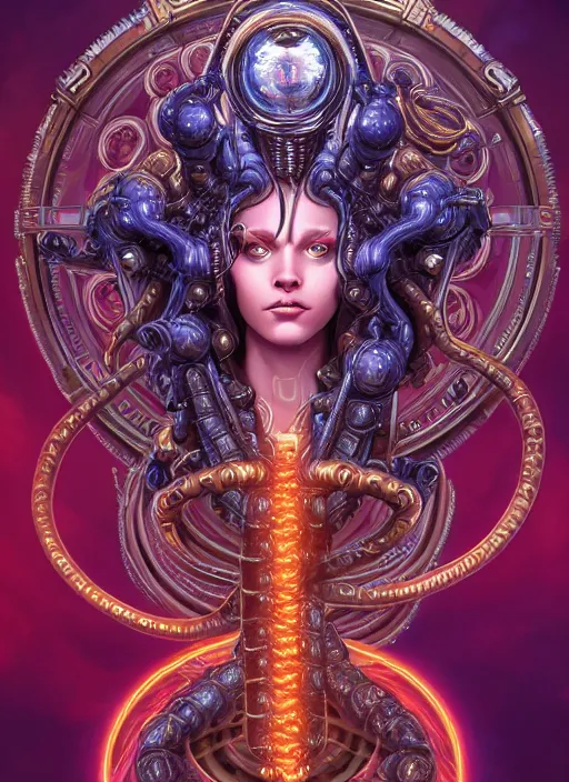 Image similar to ultradetailed ornate sci-fi RPG illustration of a beautiful symmetric Medusa radiating a glowing aura wearing a cyberpunk armor with much decorum, digital airbrush painting, 3d rim light, hyperrealistic masterpiece, artstation, cgsociety, kodakchrome, golden ratio