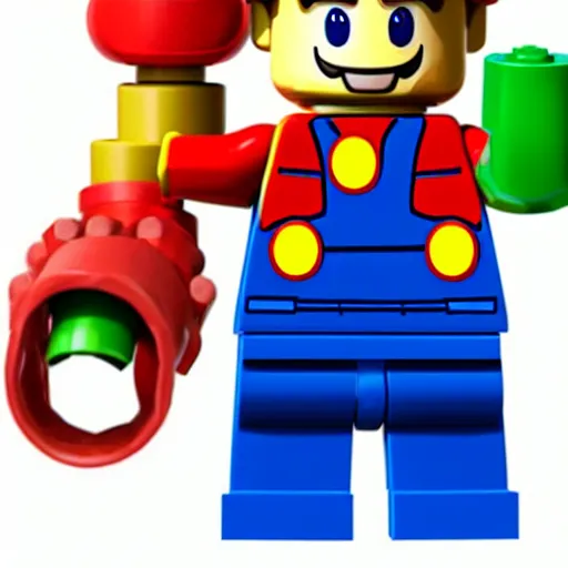 Image similar to a photo of realistic plumber mario with yoshi as lego mini figures