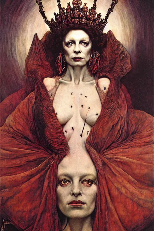 Prompt: a portrait of queen Elizabeth by wayne barlowe, gustav moreau, goward,  Gaston Bussiere and roberto ferri, santiago caruso, and austin osman spare, ((((occult art))))