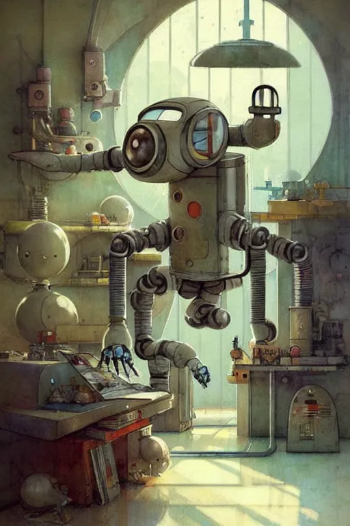 Image similar to childrens book panel creative layout ( ( ( ( ( 1 9 5 0 s retro future robot lab interior. muted colors. ) ) ) ) ) by jean - baptiste monge!!!!!!!!!!!!!!!!!!!!!!!!!!!!!!