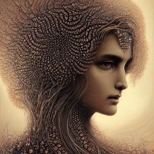 Image similar to perfectly centered portrait, beautiful fractal mushroom goddess, female, flowing hair, intense stare, sweet smile, symmetrical, concept art, intricate detail, volumetric shadows and lighting, realistic oil painting by gustave dore,