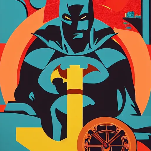 Image similar to retro poster with a painting of batman, an art deco painting by tom whalen, trending on behance, art deco, digital illustration, storybook illustration, art deco, flat shading, vector art, airbrush