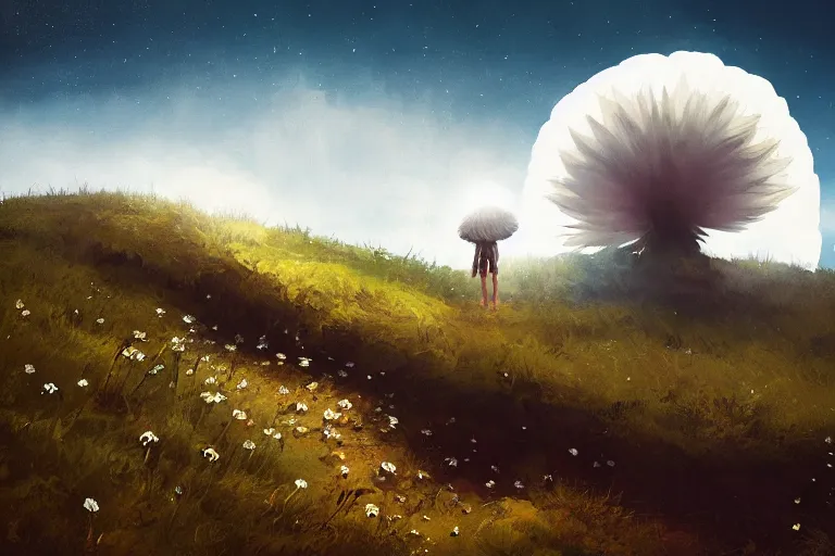 Image similar to giant white daisy flower on head, girl walking on cliff, surreal photography, solar eclipse, milky way, dramatic light, impressionist painting, clouds, digital painting, artstation, james gilleard, liam wong, jeremy mann, simon stalenhag