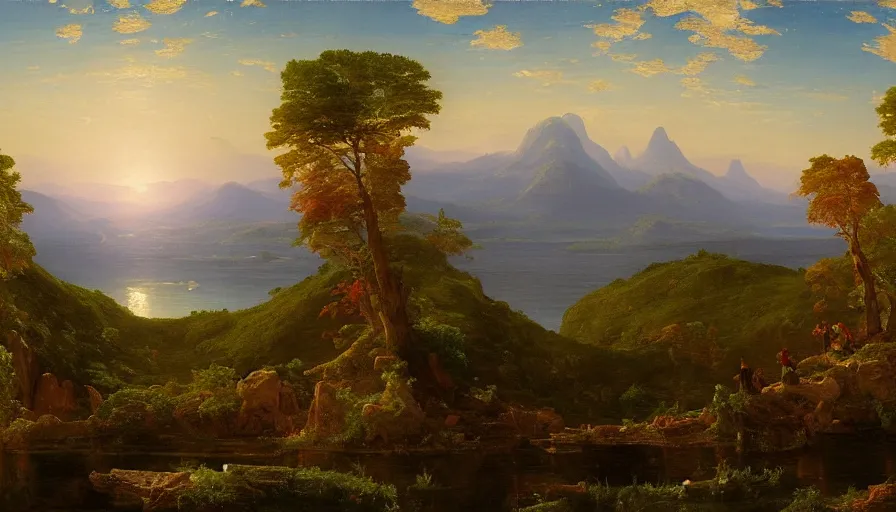 Prompt: a landscape painting depicting a remote rimworld with two above, oil on canvas, hudson river school, Thomas Cole, Fredric Edwin Church