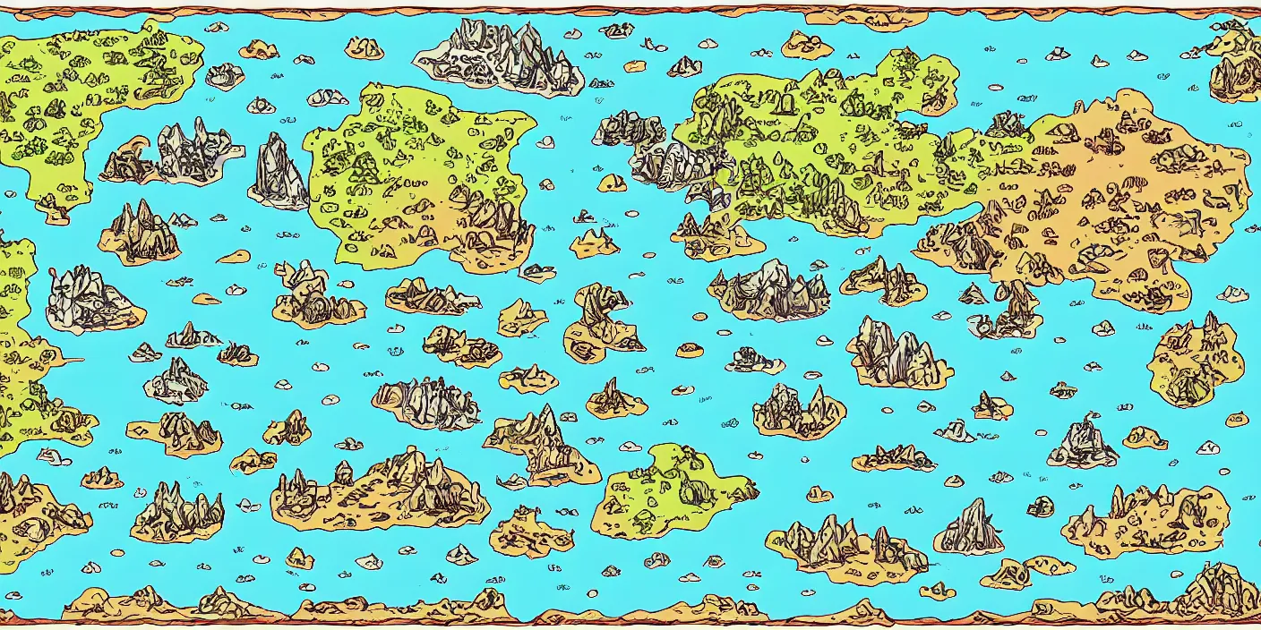 Image similar to a rpg map with regions in separated colors surrounded by ocean detailed, flat colors and strokes