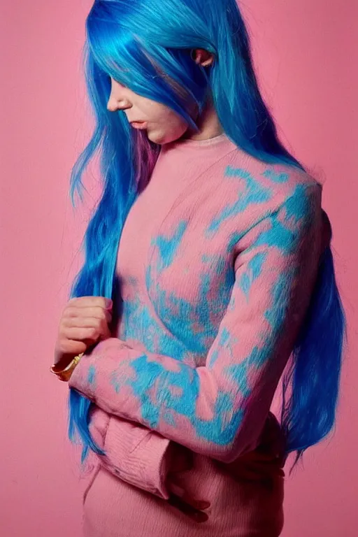 Prompt: “portrait of a depressed female multi-millionaire, pink and blue hair, surrealist”