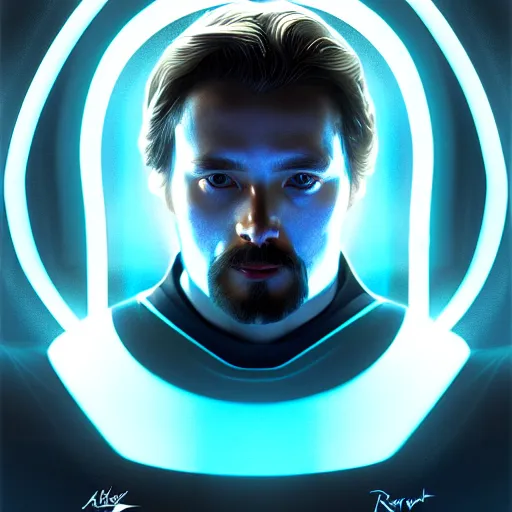 Prompt: portrait of tron legacy jesus, hyper realistic, concept art, intricate, hyper detailed, smooth, illustration. artstation, rutkowski, gurney, alphonse mucha