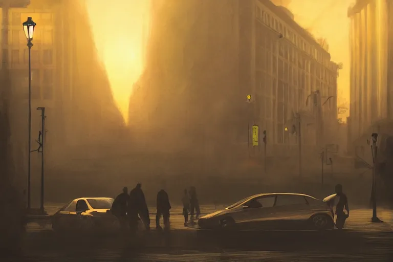 Image similar to artstation, concept art, dramatic lighting, bucharest, sunset, mist, people on the streets, rule of thirds, composition, atmospheric