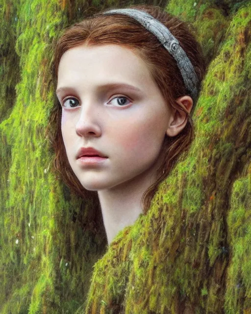 Image similar to a well - lit, realistic close - up portrait painting of a thoughtful girl resembling a young, shy, redheaded irish alicia vikander or millie bobby brown in moss - covered ancient stone ruins at sunset, highly detailed, intricate, concept art, artstation, by donato giancola, ron cobb, and artgerm