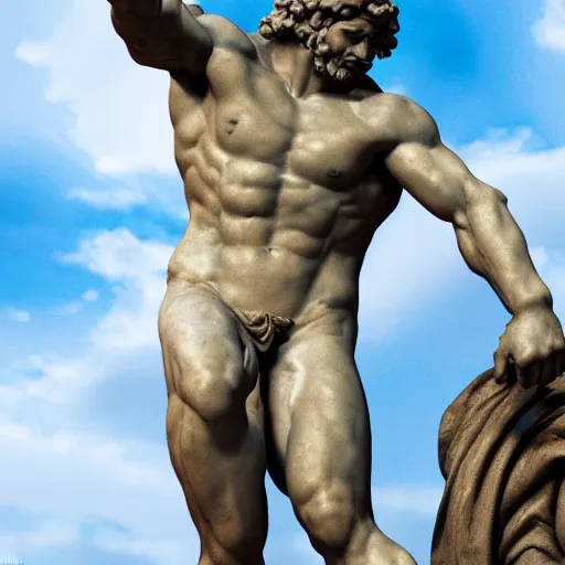 Image similar to an amazing close - up sculpture of hercules, a sculpture of hercules renaissance style by michelangelo and auguste rodin. volumetric lighting, ultra - hd, unreal engine 5, god - like