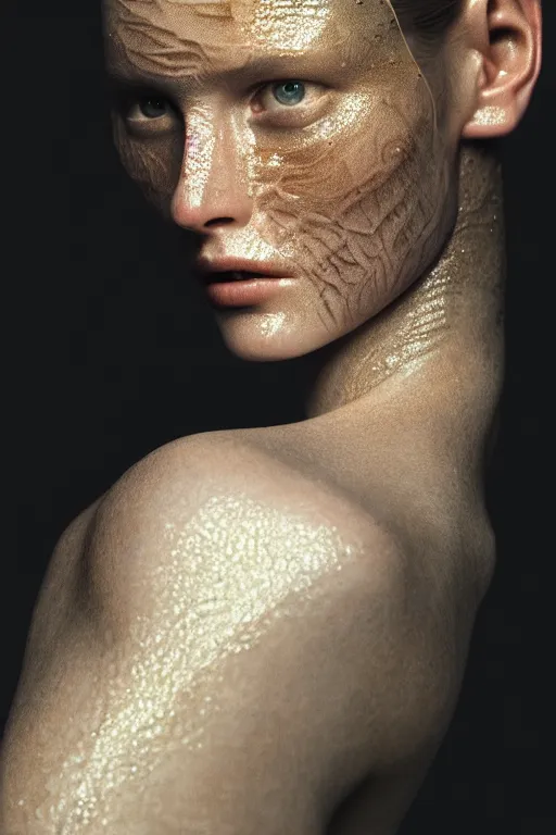 Prompt: female supermodel with translucent skin, beautiful detailed intricate insanely detailed octane render, 8K artistic photography, photorealistic, chiaroscuro, by annie leibovitz, Caravaggio