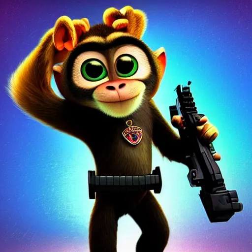 Image similar to “ logo of a monkey in the style of zootopia holding laser gun, with a black background, digital art, award winning, trending on art station, retro style ”