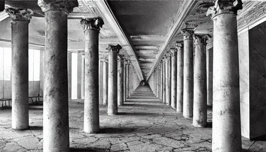 Prompt: 1 9 7 0 s andrei tarkovsky movie still of a pyramid building with columns, by piranesi, panoramic, ultra wide lens, cinematic light, anamorphic, marble