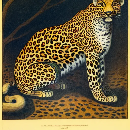 Image similar to a painting of a leopard sitting on the ground, an illustration of by charles maurice detmold, deviantart, qajar art, photoillustration, grotesque, full body