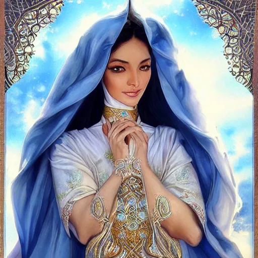 Image similar to a beautiful arabian woman wearing a white kaftan by karol bak, ayami kojima, artgerm, arabian beauty, blue eyes, smile, concept art, fantasy