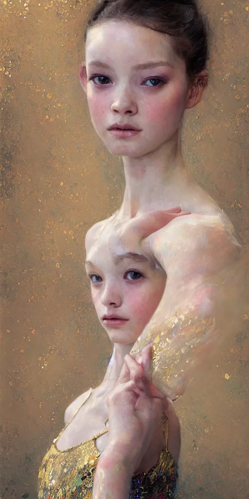 Image similar to an intricate portrait painting of an artistic pose young beautiful ballerina, klimt golden motives and textures, hyper - detailed, octane render, vivid colors, artstation, by jeremy mann, by gustav klimt