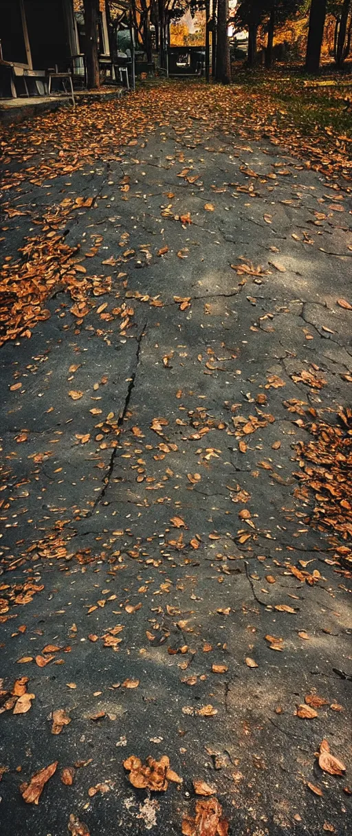 Prompt: “photography of an abandoned cafe in a parking lot autumn forest realistic detailed cinema camera detail cracked pavement wide angle”