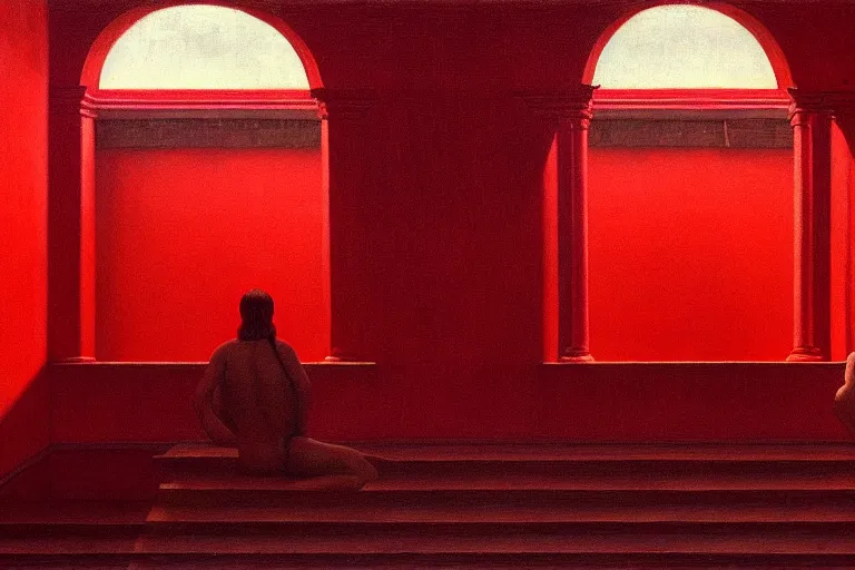 Image similar to only with red, crowd screaming, an exposed picture in a roman theater, in the style of beksinski, parts by edward hopper, parts by rodcenko, parts by yue minjun, intricate and epic composition, red by caravaggio, insanely quality, highly detailed, masterpiece, red light, artstation, 4 k