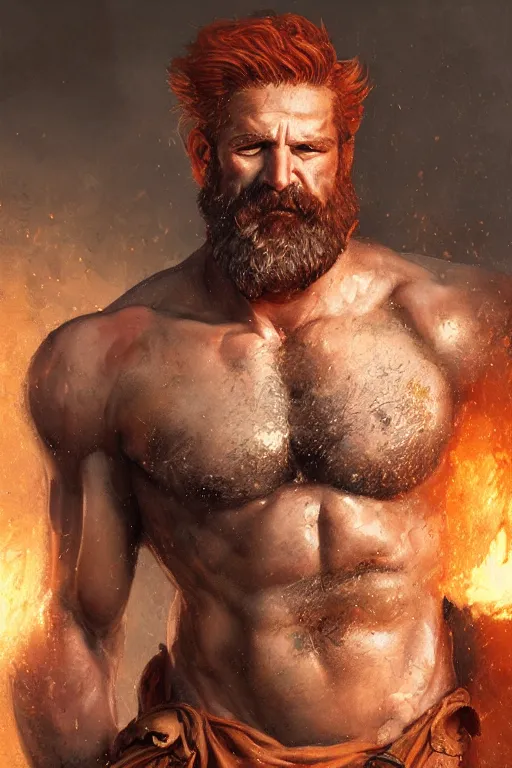 Image similar to portrait of rugged hephaestus, god of forge, greek god, red hair, masculine, mature, handsome, upper body, muscular, hairy chest, blacksmith apron, fantasy, intricate, elegant, highly detailed, digital painting, artstation, concept art, smooth, sharp focus, illustration, art by gaston bussiere and greg rutkowski