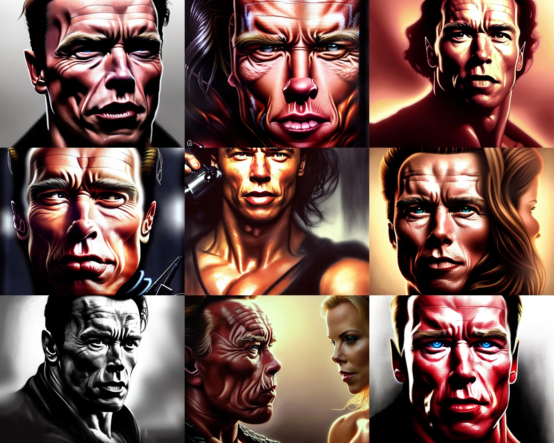 Prompt: film still dnd, close portrait arnold schwarzenegger, kate beckinsale lockpicking, charlize theron, elon musk, 8 k, deep focus, d & d, fantasy, intricate, elegant, highly detailed, digital painting, artstation, concept art, matte, sharp focus, illustration, hearthstone, art by artgerm and greg rutkowski and alphonse mucha