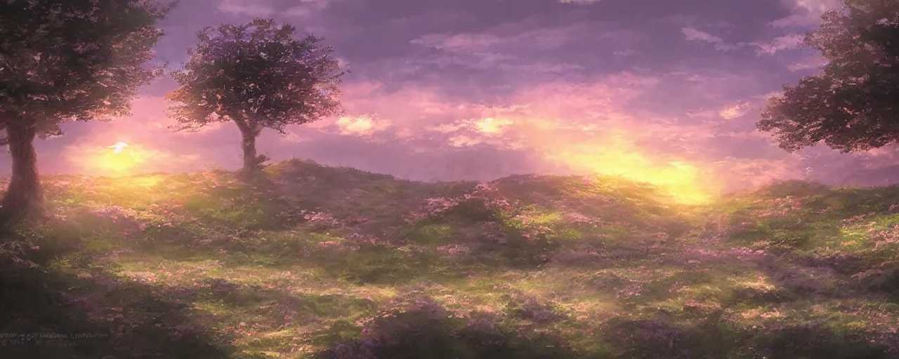 Image similar to a beautiful landscape of a sunset violet evergarden style, concept art, digital art