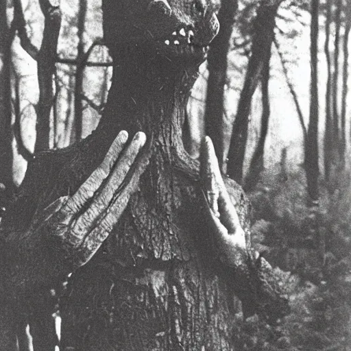 Prompt: hand-like creature in the woods, 1900s picture