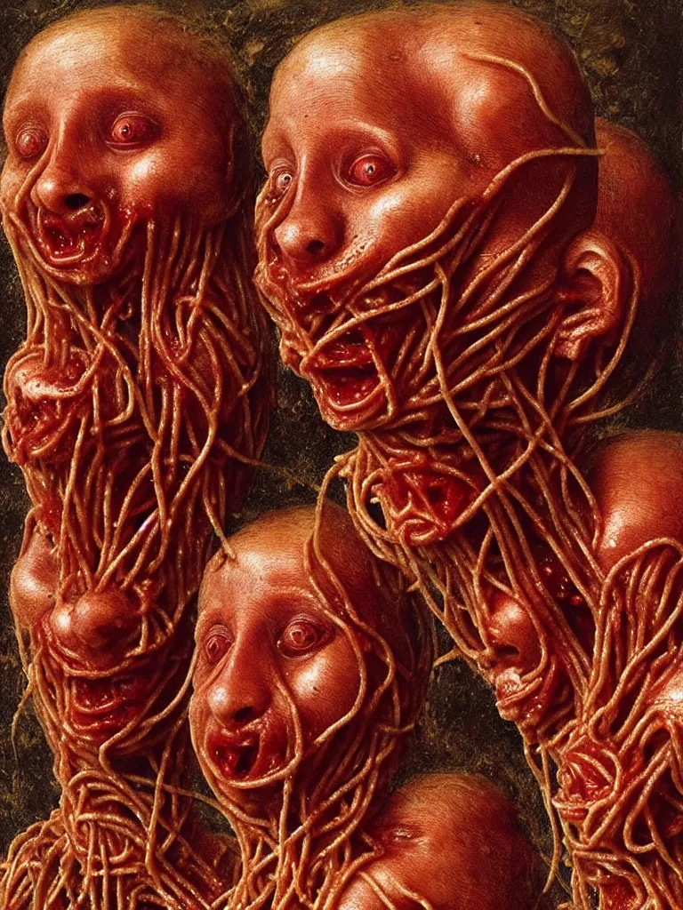 Prompt: siamese twins made of spaghetti and tomato sauce, looking straight into camera, screaming in agony, by giuseppe arcimboldo and ambrosius benson and beksinski, renaissance, intricate and intense oil paint, a touch of hr giger and edward munch, realistic