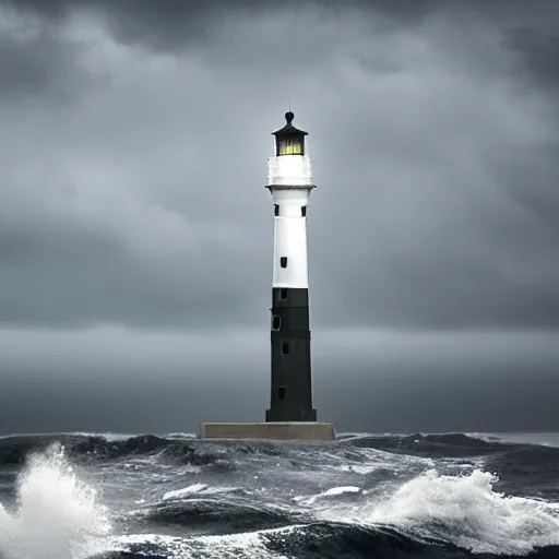 Prompt: lighthouse with lights on in the middle of a stormy ocean, cloudy , dark
