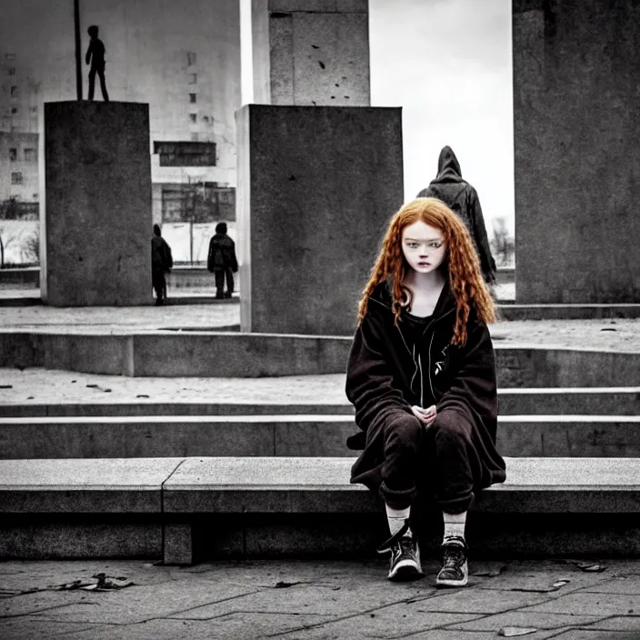 Image similar to sadie sink in hoodie sits on bench in ruined square, pedestrians walk by, old soviet monument. storyboard in the style of gabriel hardman. scifi cyberpunk. cinematic atmosphere, detailed and intricate, perfect anatomy