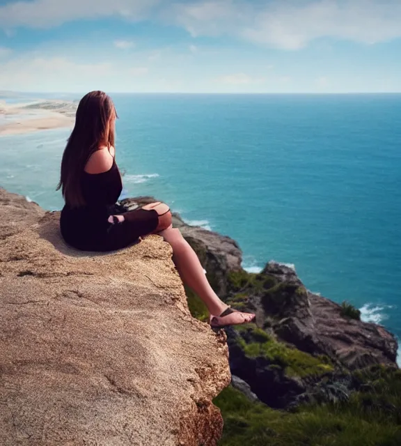 Image similar to a 4 k photorealistic photo of a girl sitting on a cliff overlooking a beach