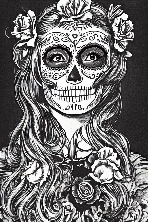 Prompt: Illustration of a sugar skull day of the dead girl, art by Al Feldstein