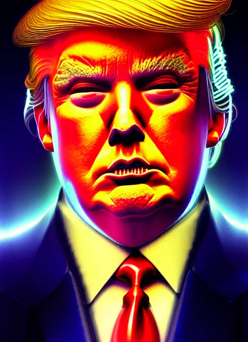 Prompt: portrait of donald trump cyber humanoid, intricate, elegant, cyber neon lights, highly detailed, digital painting, artstation, glamor pose, concept art, smooth, sharp focus, illustration, art by artgerm and greg rutkowski