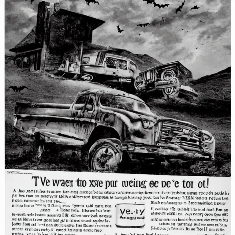 Prompt: A magazine advertisement for an extremely spooky haunted pickup truck