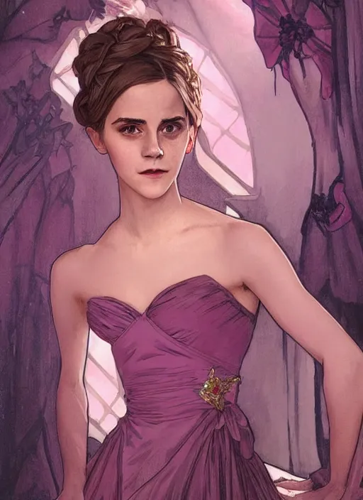 Image similar to emma watson at hogwarts!! at the yule ball wearing elegant pink and purple dress. beautiful detailed face. by artgerm and greg rutkowski and alphonse mucha