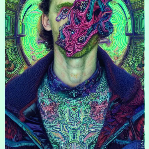 Image similar to portrait of tom hiddleston, hyper detailed masterpiece, neon floral pattern, jean giraud, digital art painting, darkwave goth aesthetic, psychedelic, artgerm, donato giancola and tom bagshaw