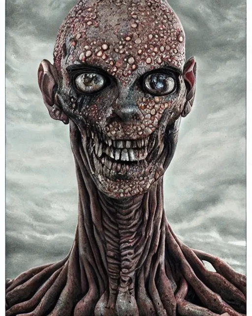 Image similar to Haunting horrifying hyperrealistic detailed painting of a tall slim spider extraterrestrial creature made of concrete stone brick, covered in, heavy metal, disgusting, creepy, unsettling, and bloodshot eyeballs, hyper detailed, trending on Artstation