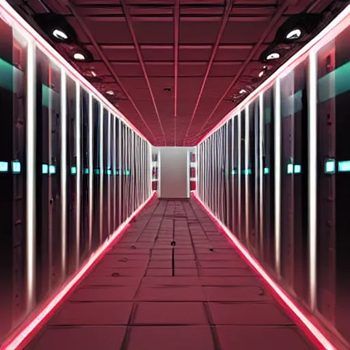 Image similar to evil server room, screen with ai face on it, dark, red lighting