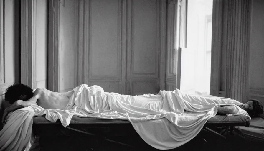 Prompt: movie still of socrates dead in a bed with drapery in a neoclassical corridor, cinestill 8 0 0 t 3 5 mm b & w, high quality, heavy grain, high detail, cinematic composition, dramatic light, anamorphic, ultra wide lens, hyperrealistic, by josef sudek