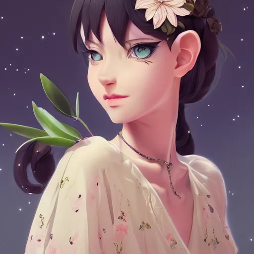 Image similar to a stunning portrait of an olive - skinned witch with cat ears wearing an ornate flower dress, by makoto shinkai, wlop, andrei riabovitchev, sakimichan, summer vibes, very coherent symmetrical artwork, perfect face, studio lighting, 4 k, masterpiece, trending on artstation