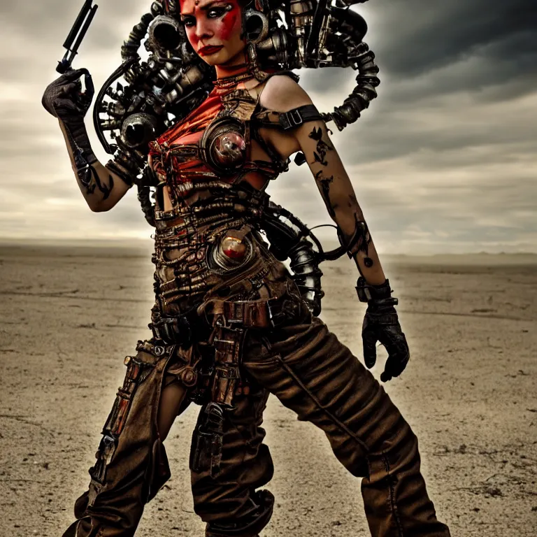 Prompt: full length photo of a very beautiful female atompunk warrior, 8 k, hdr, smooth, sharp focus, high resolution, award - winning photo