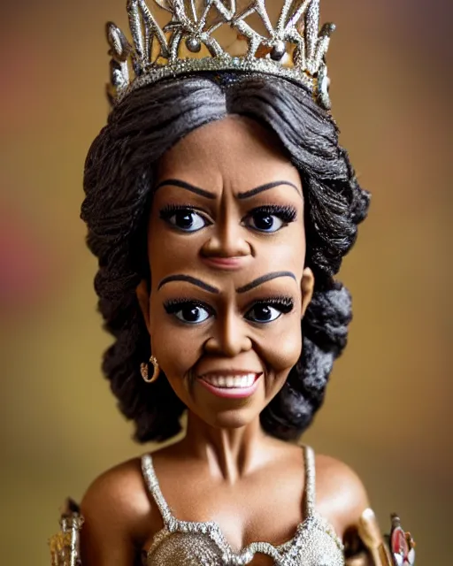 Image similar to highly detailed closeup, face profile portrait of a tin toy michelle obama as a fairytale princess wearing a crown and sitting on a throne, bikini, depth of field, nicoletta ceccoli, mark ryden, lostfish, max fleischer, breathtaking, detailed and intricate environment, 8 k resolution, hyperrealistic, octane render