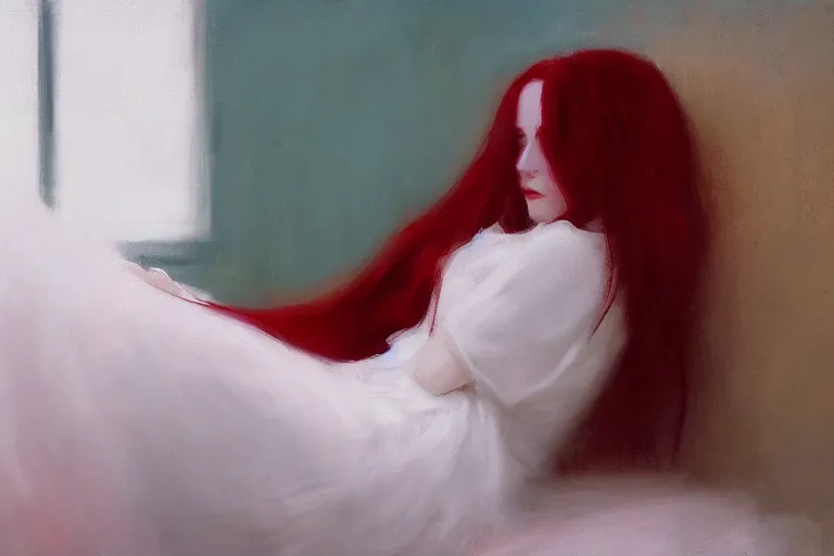 Image similar to girl, long red hair, white dress, on a red sofa, blue green colorscheme, desaturated colors, cinematic, jeremy lipking, casey baugh