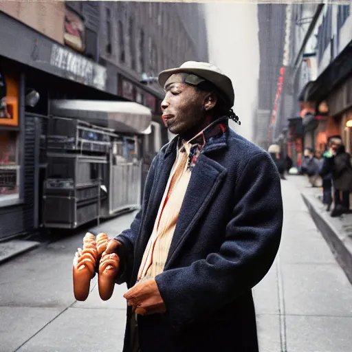 Prompt: closeup portrait of a man in hustle coat selling hotdogs from his jacket in a smoky new york back street, by Annie Leibovitz and Steve McCurry, natural light, detailed face, CANON Eos C300, ƒ1.8, 35mm, 8K, medium-format print