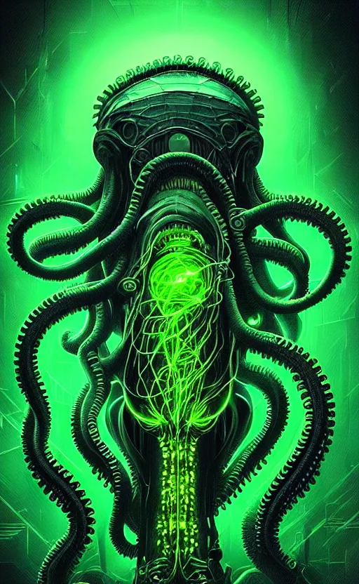 Image similar to poster style, a beautiful and terrifying painting with high details a digital portrait of lovecraftian tech god, green neon cyber cthulhu, cyber noir, movie atmosphere, movie lights, 8 k, light effect, rtx on, trending on artstation, by kilian eng, lee madgwick, bastien lecouffe - deharme