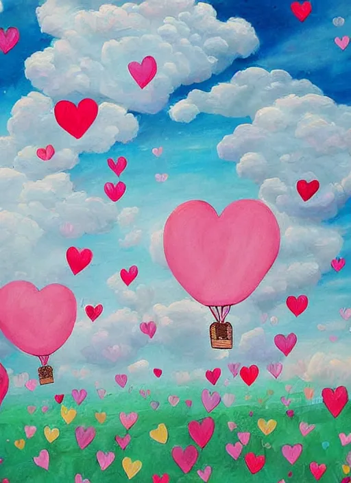 Image similar to detailed painting that is beautiful and whimsical with cotton candy clouds and balloon hearts and flowers inside