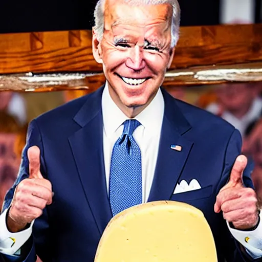 Prompt: Joe Biden proudly holding a prize winning piece of cheese