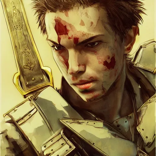 Image similar to portrait of a young white hero using his right arm to hold his sword covering his eye by yoji shinkawa, high quality, extra details, realism, ornate, colored, golden chain, blood, white skin, short hair, brown eyes, vivid, sunlight, dynamic, american man, freedom, white american soldier, painting, cybernetics, military