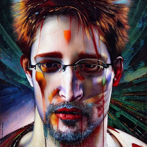 Prompt: realistic detailed image of Edward Snowden dressed as a white knight, wearing extremely intricate warpaint, by Ayami Kojima, Amano, Karol Bak, Greg Hildebrandt, and Mark Brooks, tonalism, rich deep colors. Beksinski painting, art by Adrian Ghenie and Gerhard Richter. art by Takato Yamamoto. masterpiece