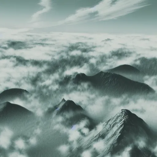 Image similar to “ aerial view of mountains in the fog, vector art, 1 0, 0 0 0 feet ”