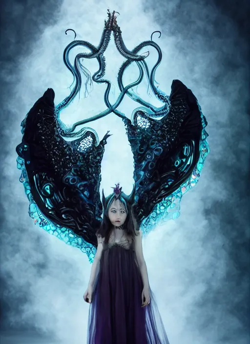 Prompt: A full shot of a cute magical monster girl wearing a dress made of opals and tentacles. Creepy Pasta. Fully Clothed. F1.4. Symmetrical. Dark Smoke and VFX. Caustics refraction. Prism light. Demon Horns, Angel Wings, defined facial features, symmetrical facial features. By Giger and Ruan Jia and Artgerm and Range Murata and WLOP and William-Adolphe Bouguereau and Loish. Pipe Like shapes. Bones.. Lisa Frank Inspired. Key Art. Fantasy Illustration. award winning, Artstation, intricate details, realistic, Hyperdetailed, 8k resolution. 3D Render.